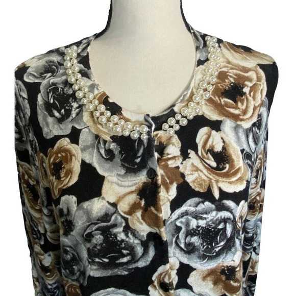 Women Floral Pearl Embellished Cardigan Sweater Button Front Black Gold Gray XL - Picture 3 of 9